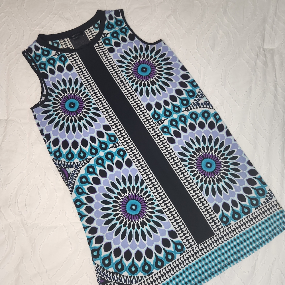 AB Studio Sleeveless Tank Dress Microfiber Peacock Floral Colorful Sz Large